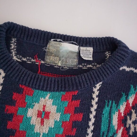 Vintage '90S Rivertrader Navy Knit Teal Red Aztec Cotton Blend  Crew Sweater L - Picture 5 of 12